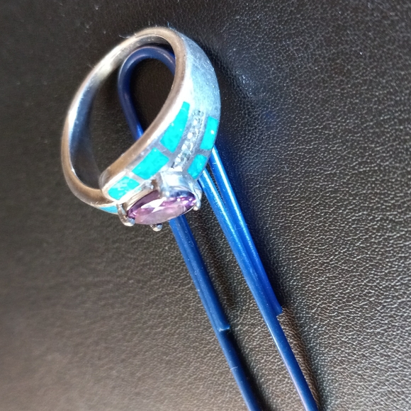 Amethyst blue fire opal inlay 925 sterling silver ring size 8 - Picture 4 of 4